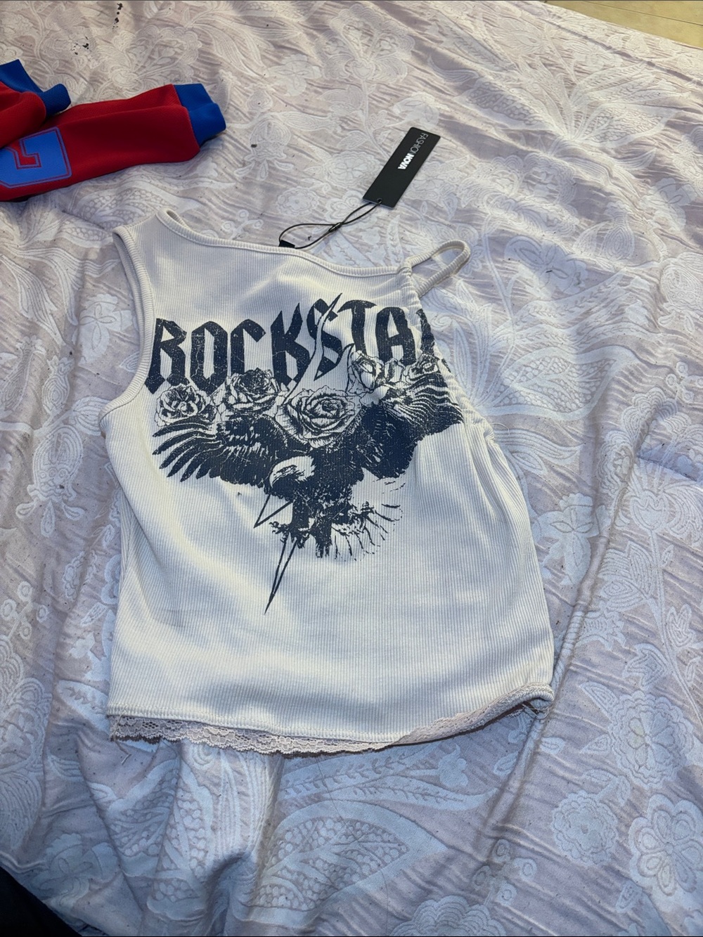 Fashion Nova White 'Rockstar' Graphic Ribbed Cami
